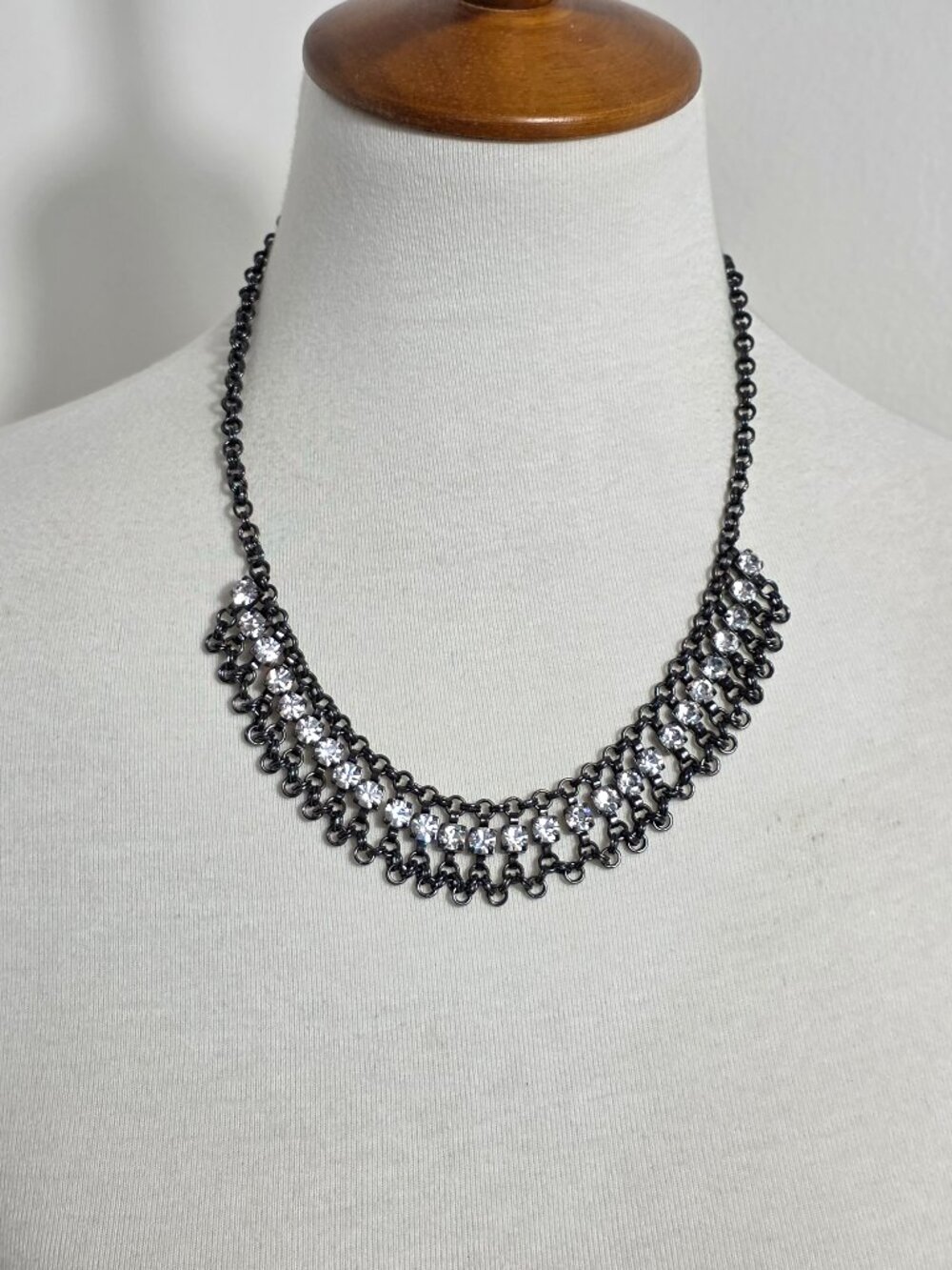 Premier Design Bib Necklace Rows of Hematite Gray Curb Chain & Clear Rhinestones